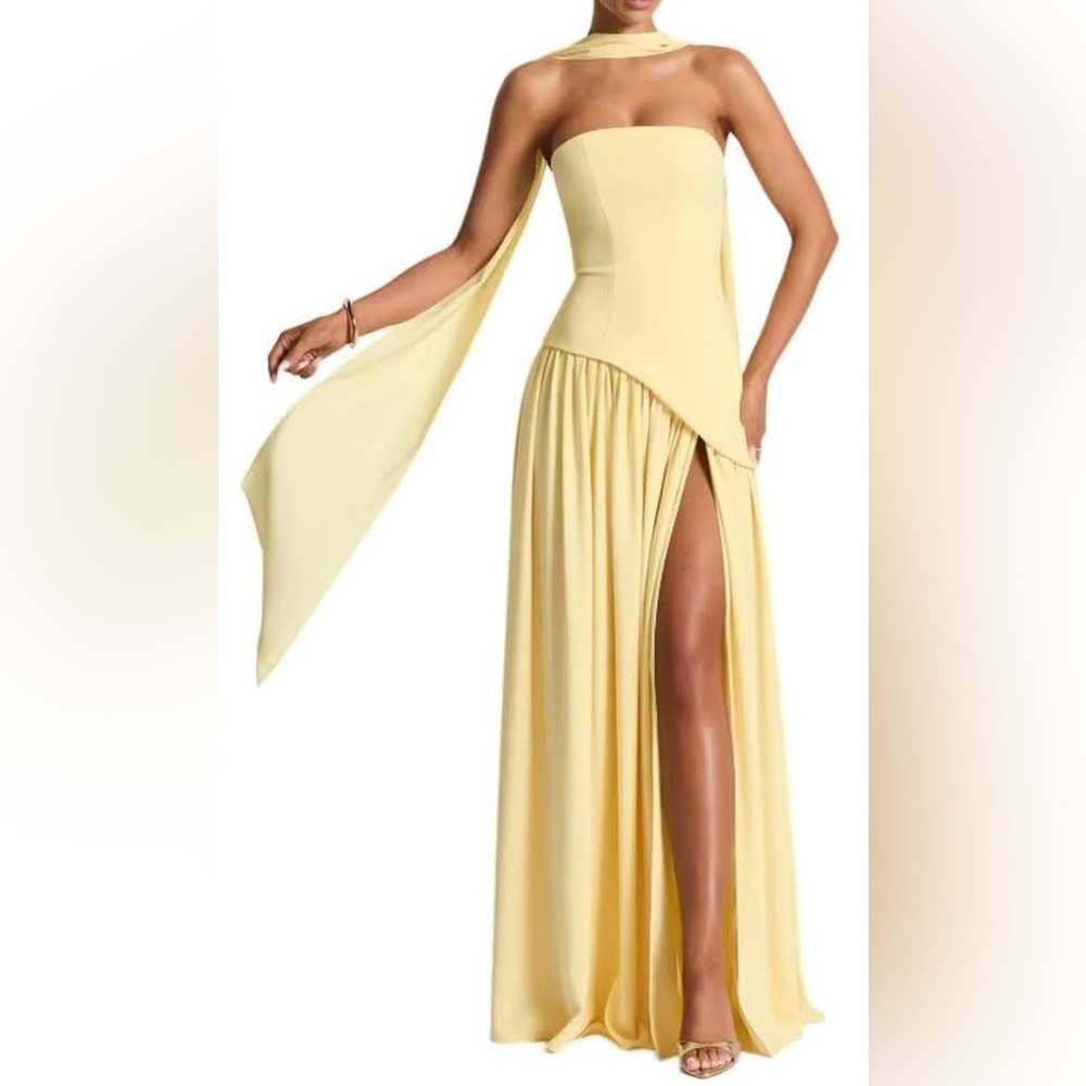Strapless Yellow Corset Drop Waist Maxi Dress